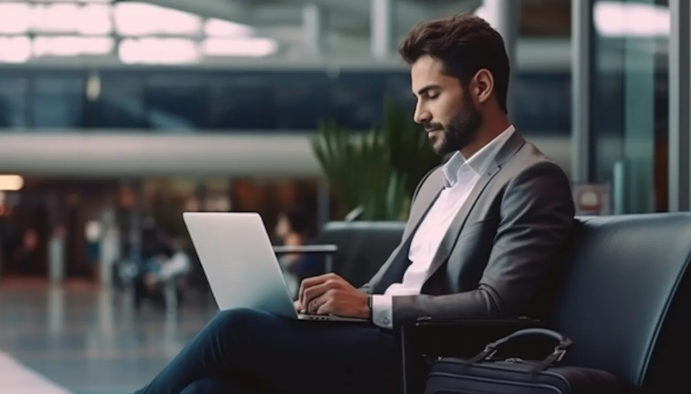 Business traveller at airport with laptop bag